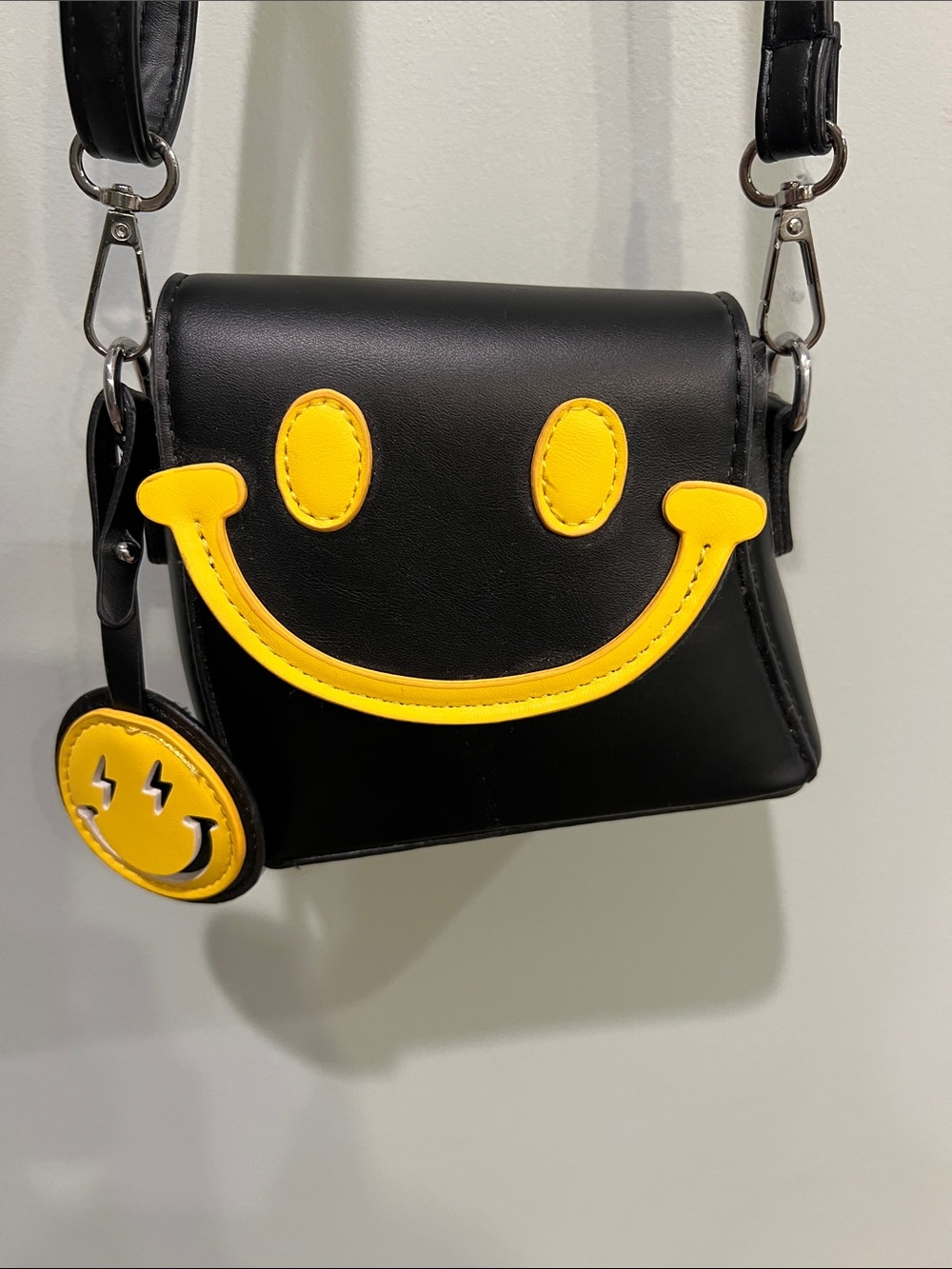 Black Crossbody Bag with Yellow Smiley Accent - Women’s Cute Shoulder Bag